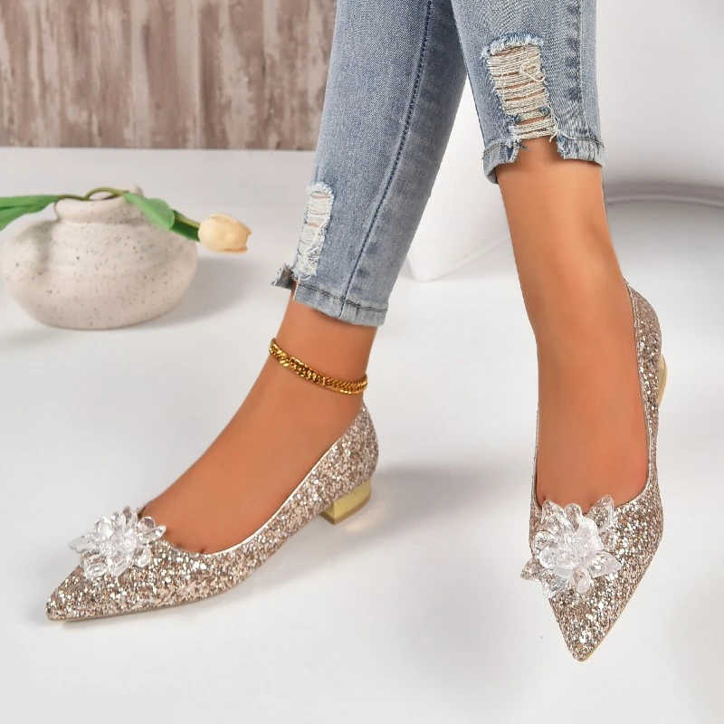 2023 Spring and Autumn New Fashion Outwear Sequin Face Pointed Women\'s Large Shallow Mouth Single Shoes High Heels Women