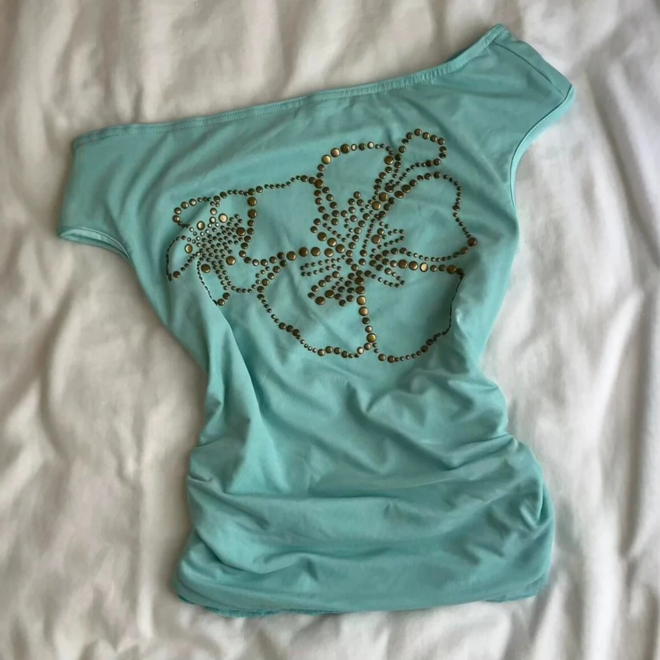 Sommer Y2K Mintgrünes Damen Millennium Schulterfreies Top mit Heißer Diamantblumen-Optik, Dünnem Schnitt und Kurzen Ärmeln im Retro-Stil – Detail 6