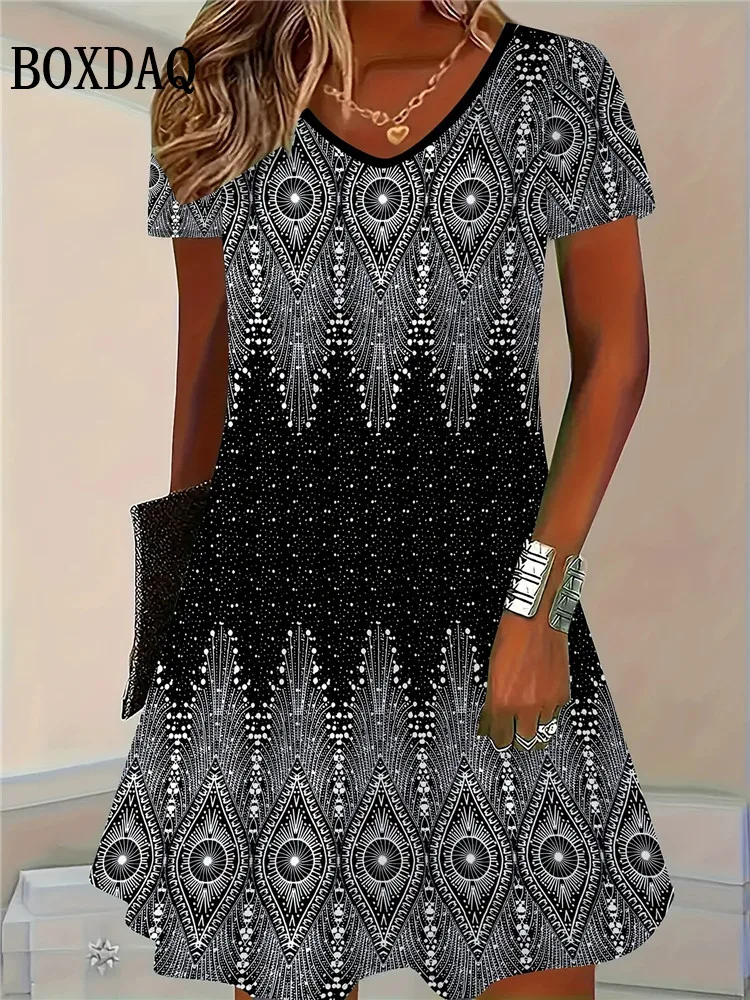 Gradient Print Dresses For Women 2025 New Fashion Plus Size Clothing Summer Casual V-Neck Short Sleeve Loose Midi Dress Female