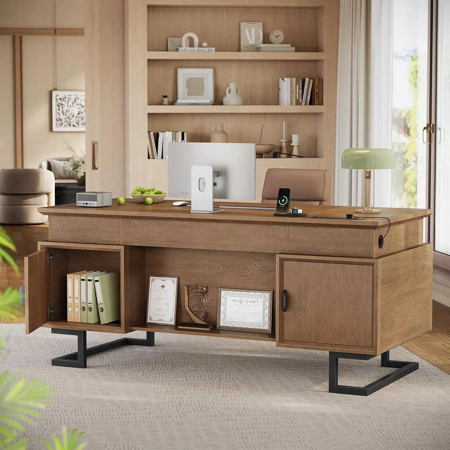 Modern Wood Home Office Desks with 6 Drawers, Executive Desk with File Drawer, Keyboard Tray & Privacy Panel for Living Room