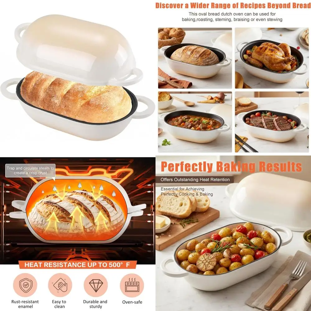 

Oval Cast Iron Dutch Oven for Sourdough Bread, 5-Quart Bread Baking Pan with Gradient Lid