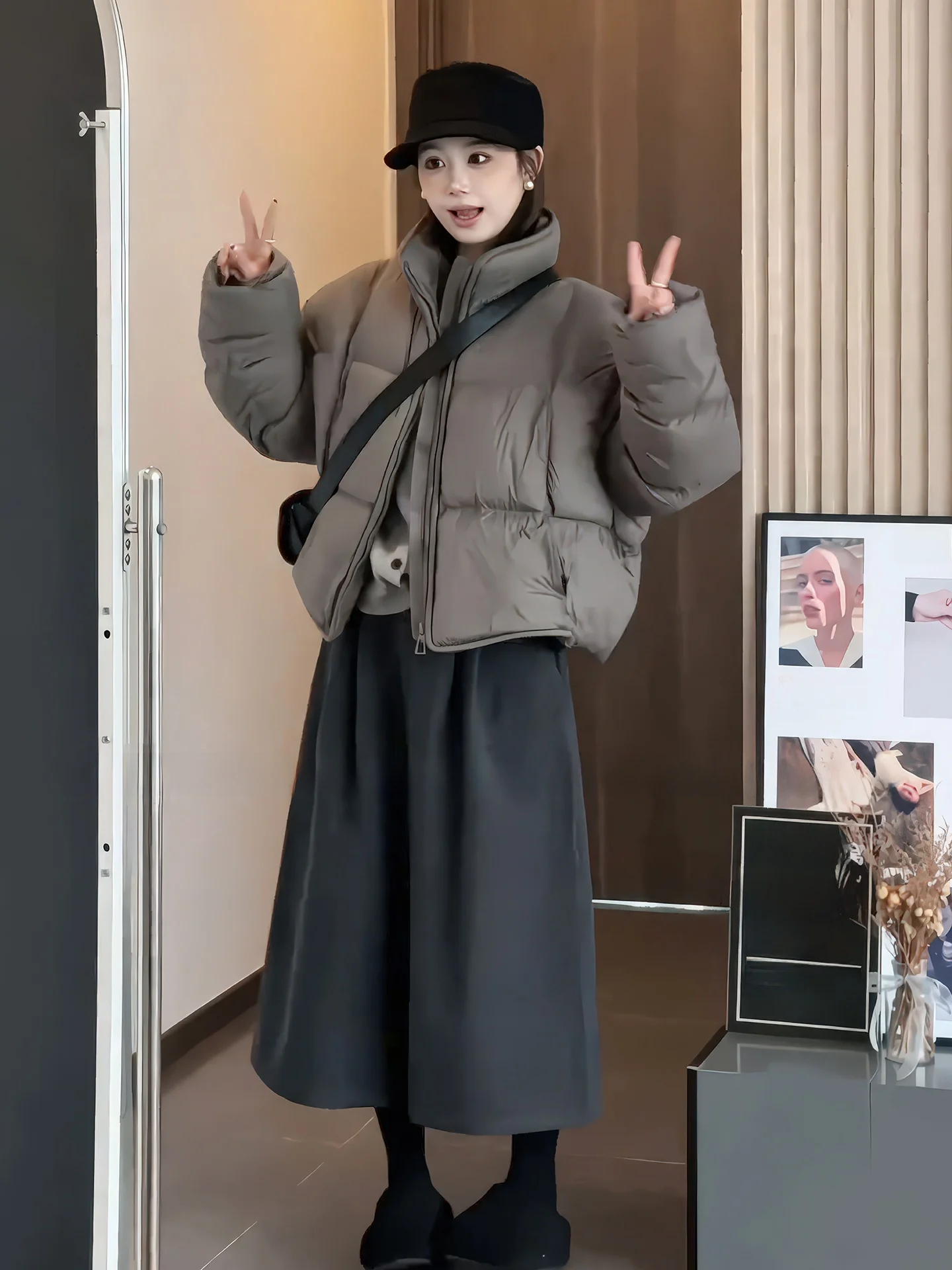 

Korean Sle ort Puffer Jaet Women's Winter Thiened Warm Bread Coat Stand Collar Long Sve Zipper Closure Color