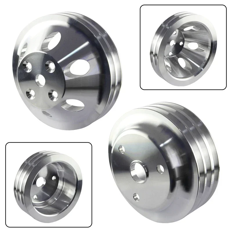 

Silver Aluminum 2 & 3 Groove Long Water Pump LWP Crank Pulley Kit For SBC Chevy 283 350 265 305 327 383 400 Engine Crank