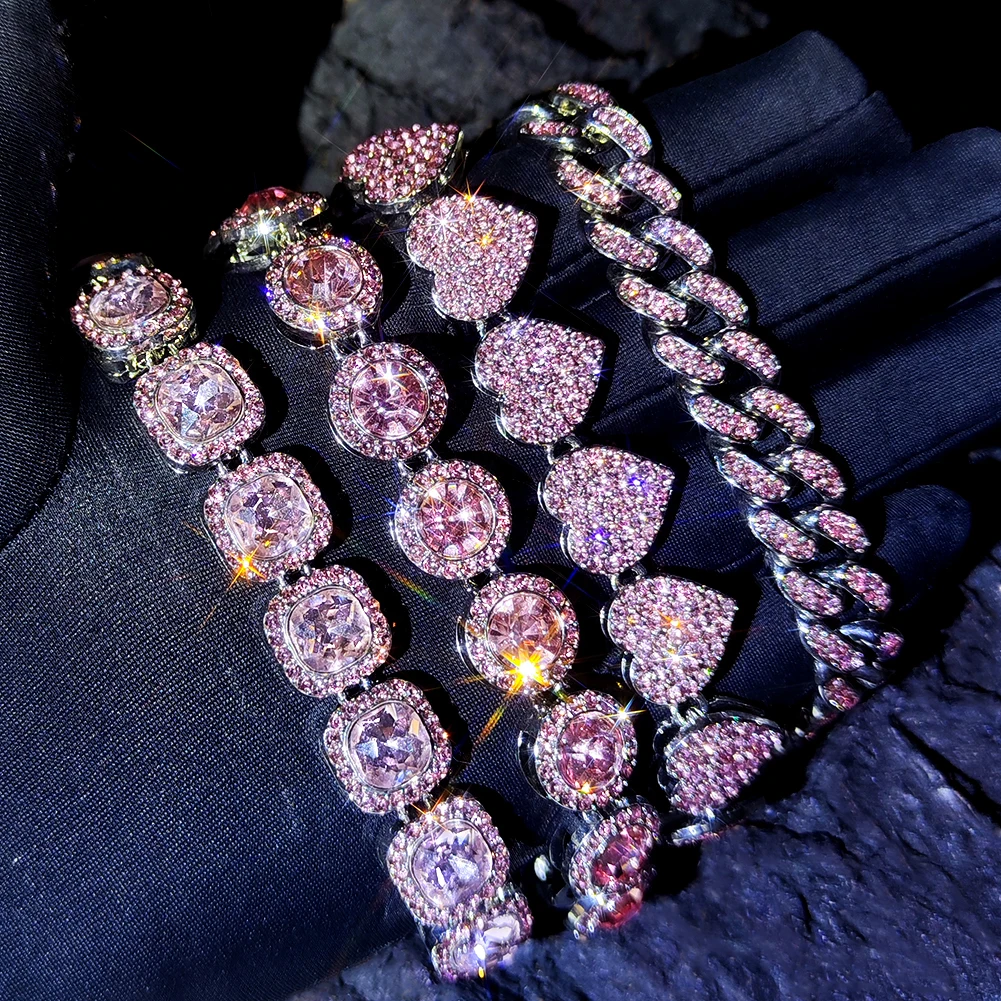 Iced Out Pink Rhinestone Paved Heart Cuban Chain Bracelet for Women Bling Chunky Tennis Chain Bracelets Fashion Hiphop Jewelry