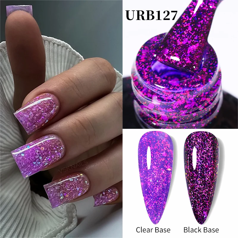 UR SUGAR 7 ml Auroras Glitter-Gummi-Basisgel, funkelnde lila Pailletten, Chrom, semi-permanent, Soak Off Nail Art UV-LED-Lack