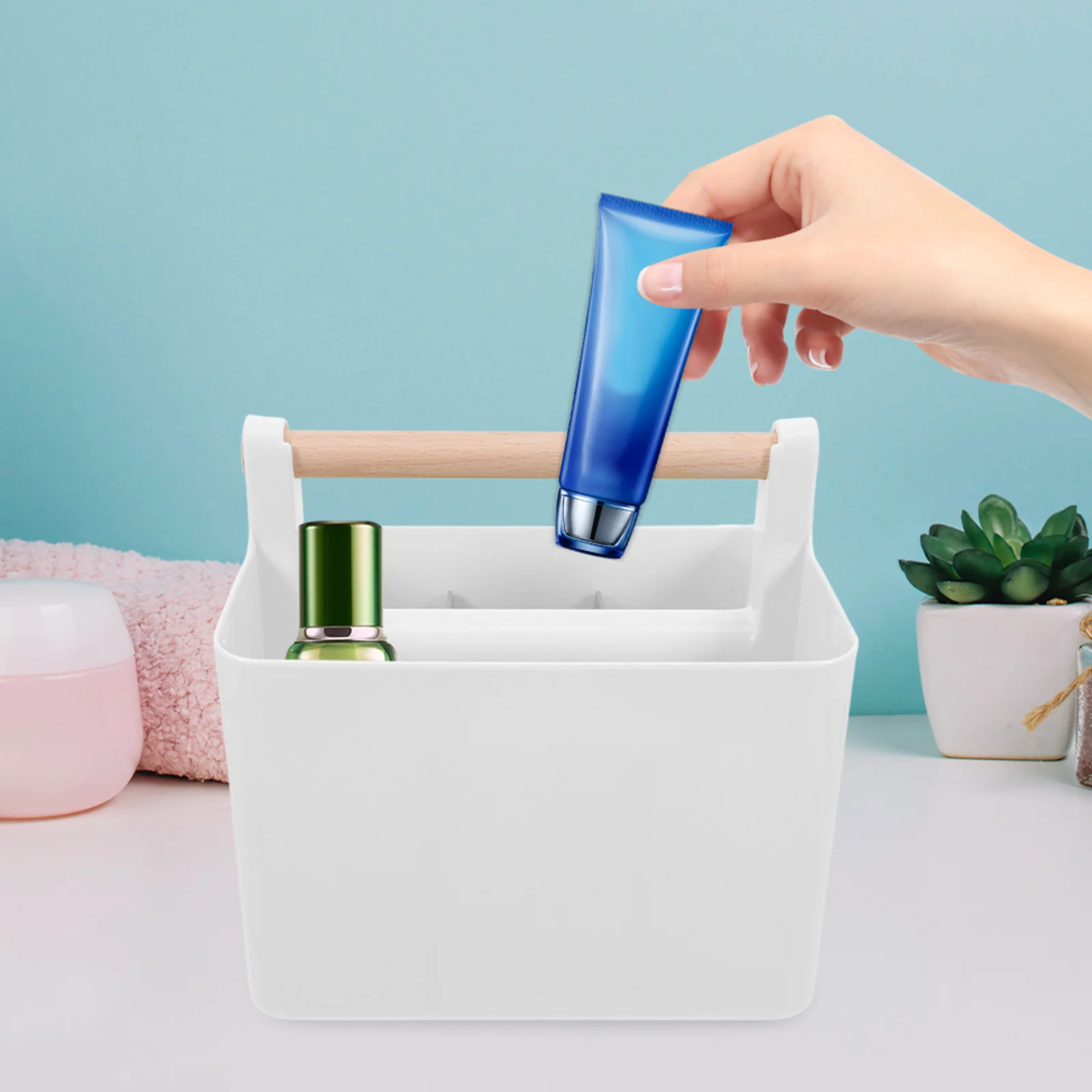 

Wooden Portable Marker Organizer Basket Compact Craft Storage Tote Divider Multi Functional Stationery Makeup Container