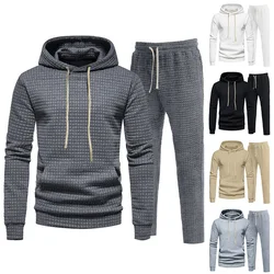 Autumn Winter Men's Hoodie Sets Waffle Tartan Hoodie+Pants Pieces Casual Tracksuit Male Sportswear Warm Clothing Sweat Suit