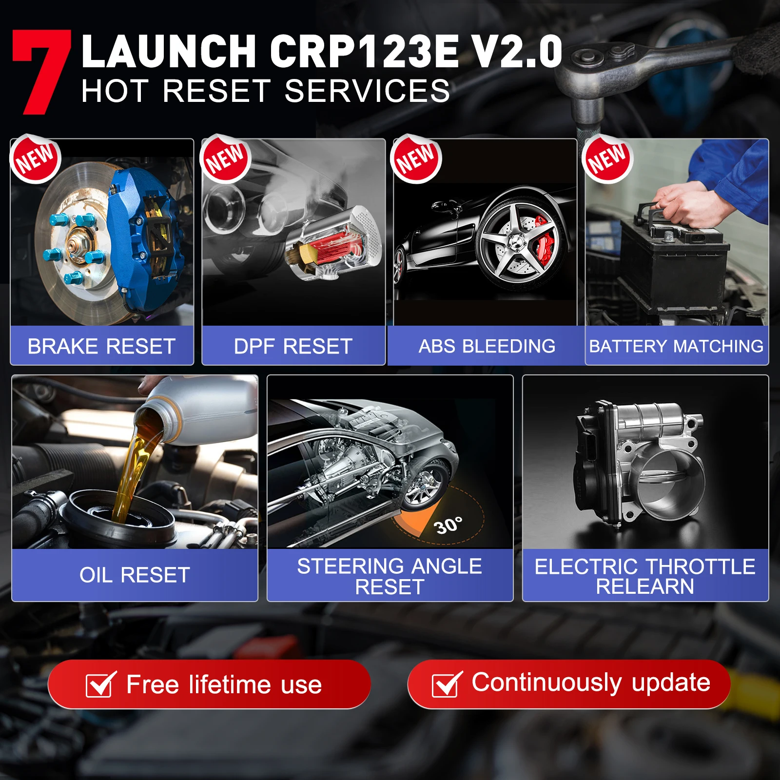 LAUNCH X431 CRP123E V2.0 OBD2 Automotive scanner 4 System Car diagnostic tool Oil ETC SAS 7 Reset CRP123x crp123i Code reader