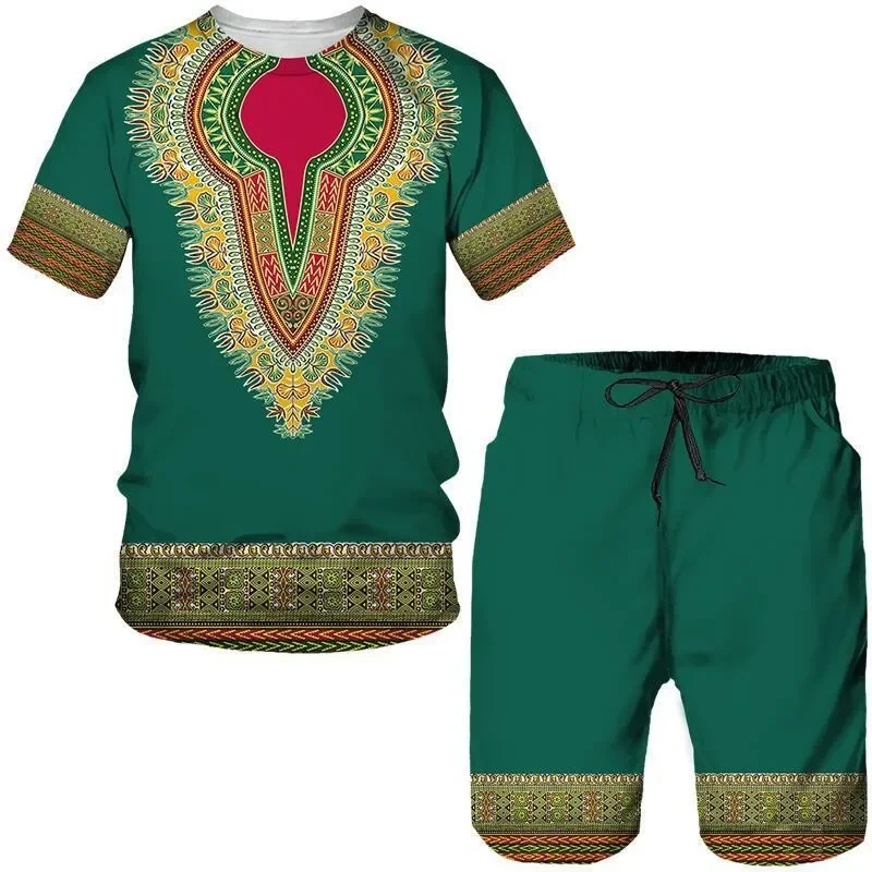 2025 Summer 3D Tribal Print New Men's and Women's Round Neck Short Sleeved Shorts Set Daily Casual Two-piece Set