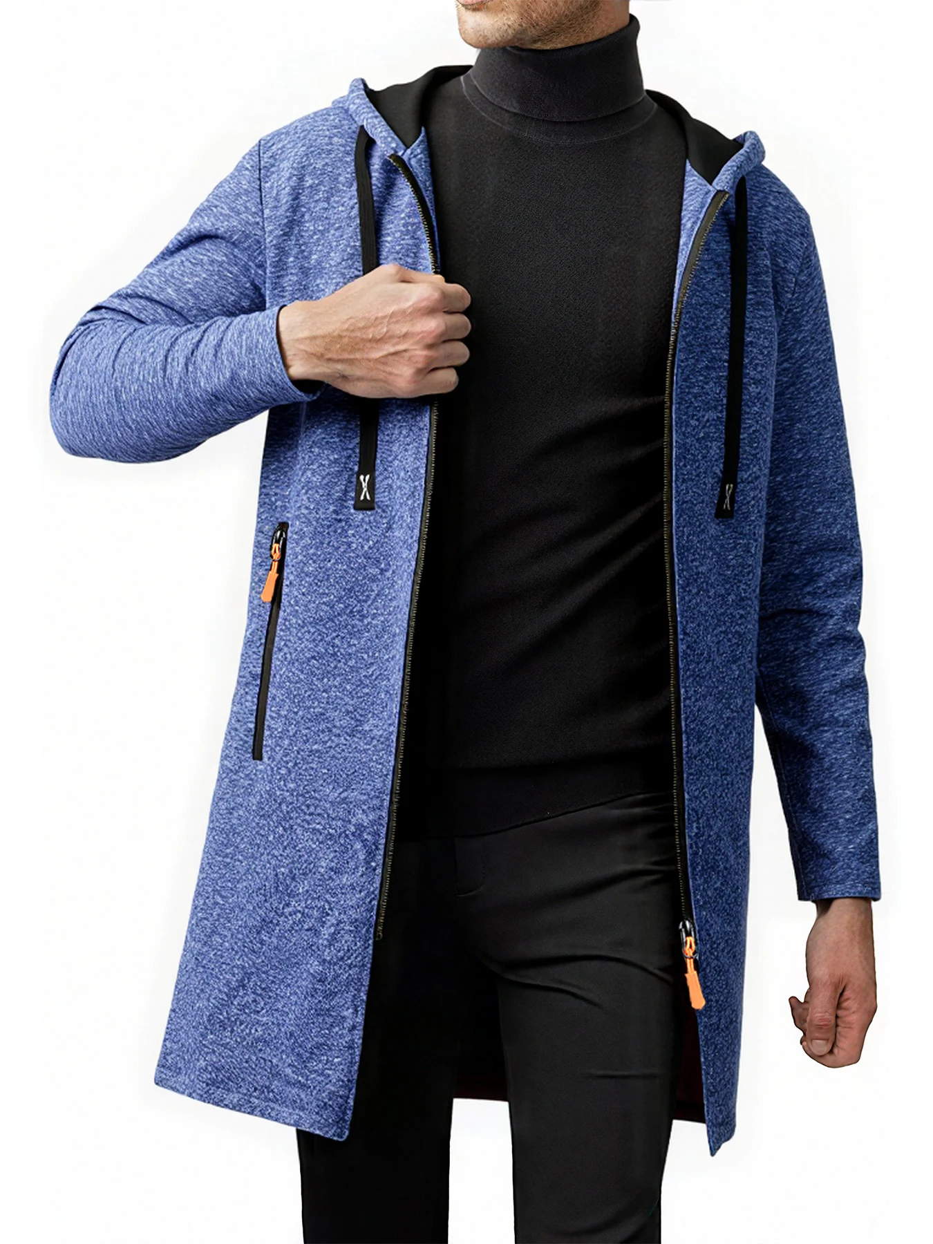 Men Mid‑Length Hooded Full Zip Sweatshirt Heather Hooded outerwearFleece Lined Coat With Drawstring Zipper Pockets