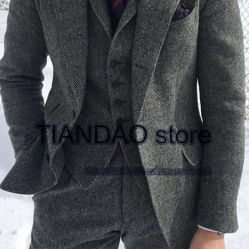 Men's Suit 3 Piece Herringbone Wool Formal Business Blazer Pants Vest Winter Slim Fit Jacket Set terno masculino