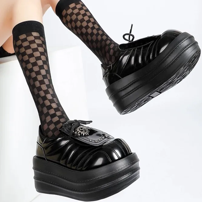 

New Punk Style Women Shoes Lace-Up Platform Thick Bottom Wedges Shoes Gothic Ankle Rock Boots Metal Decoration Designer Luxury