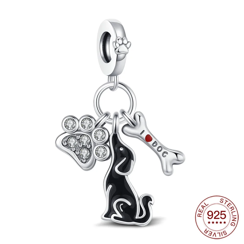 925 Sterling Silber Charms Haustier Hund Drei-stück Set Perlen Für Original Armband DIY Schmuck Urlaub Dekoration Dame Mode party