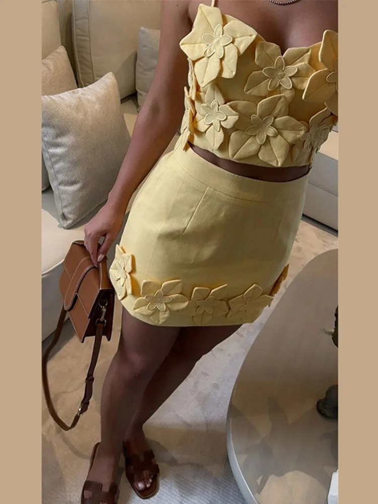 Elegante 3d flor superior mini saia terno feminino deslizamento sem costas recortado topo de cintura alta a linha saias verão senhora ternos de praia