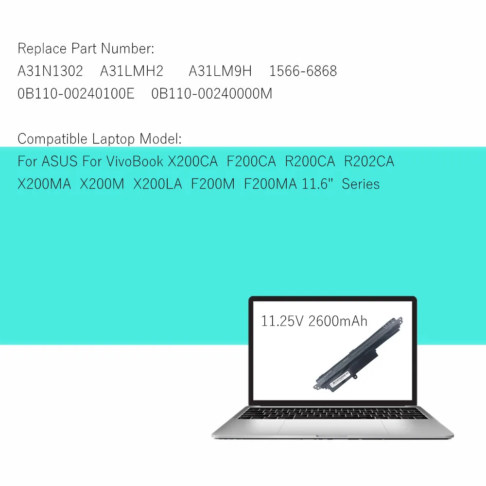 แบตเตอรี่แล็ปท็อปสําหรับ ASUS VivoBook X200CA A31N1302 F200CA A31LMH2 R200CA R202CA X200MA X200M X200LA A31LM9H F200M F200MA 11.6"