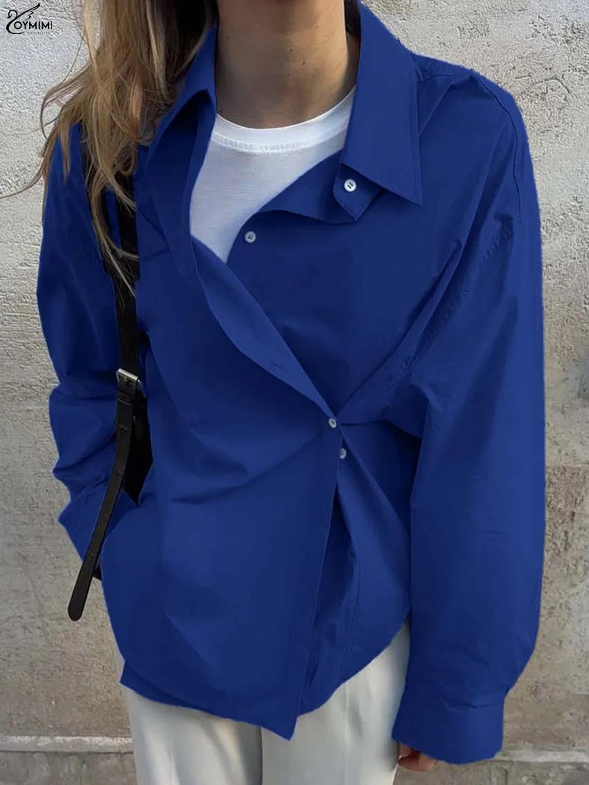 Oymimi Camicia da donna elegante in cotone blu Moda Colletto rovesciato Camicie a maniche lunghe Casual Camicette monopetto solide Donna