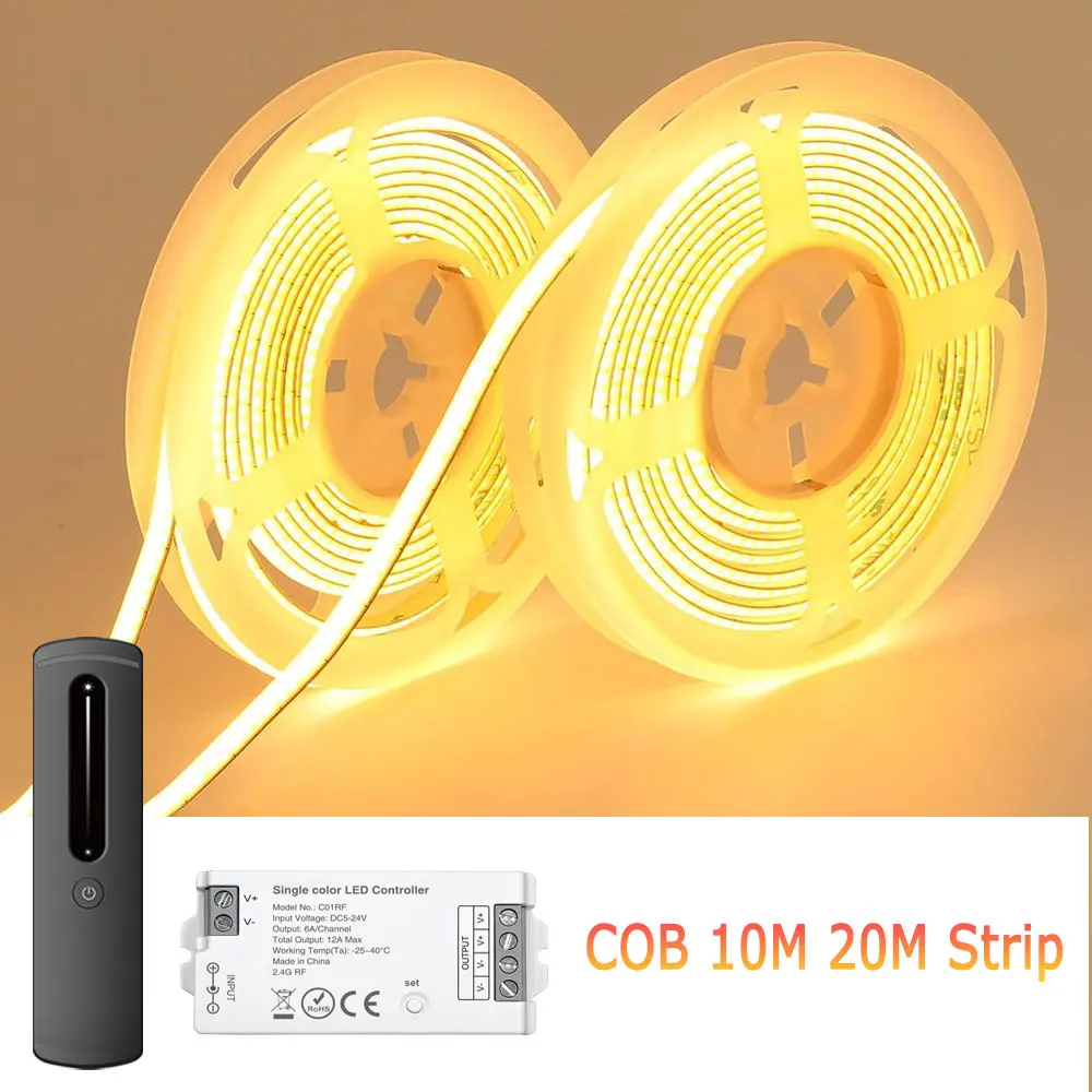 

Светодиодная лента COB 10м/20м, 24В, суперяркая, гибкая, для освещения помещений, с дистанционным управлением 2.4G RF, сенсорным диммированием, теплый/нейтральный/холодный белый свет 3000K/4000K/6000K
