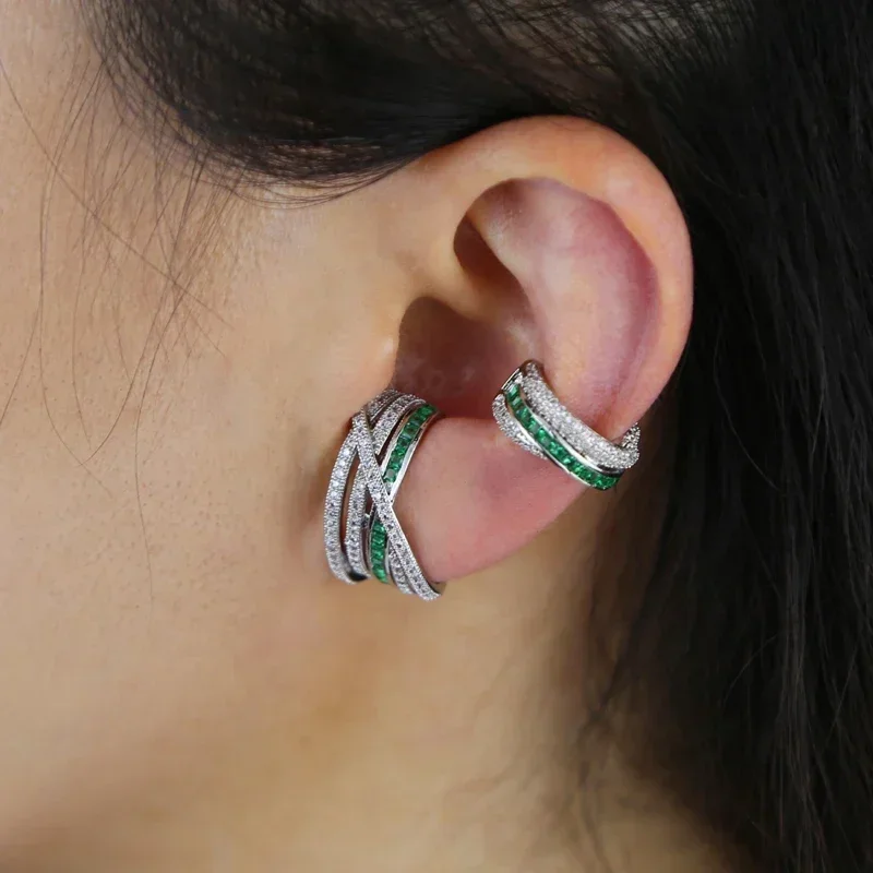 Luxury Geometric micro pave Colorful Cubic Zirconia cz Circle Lines ear cuff no pierced clip Stud Earrings Hip hop women jewelry