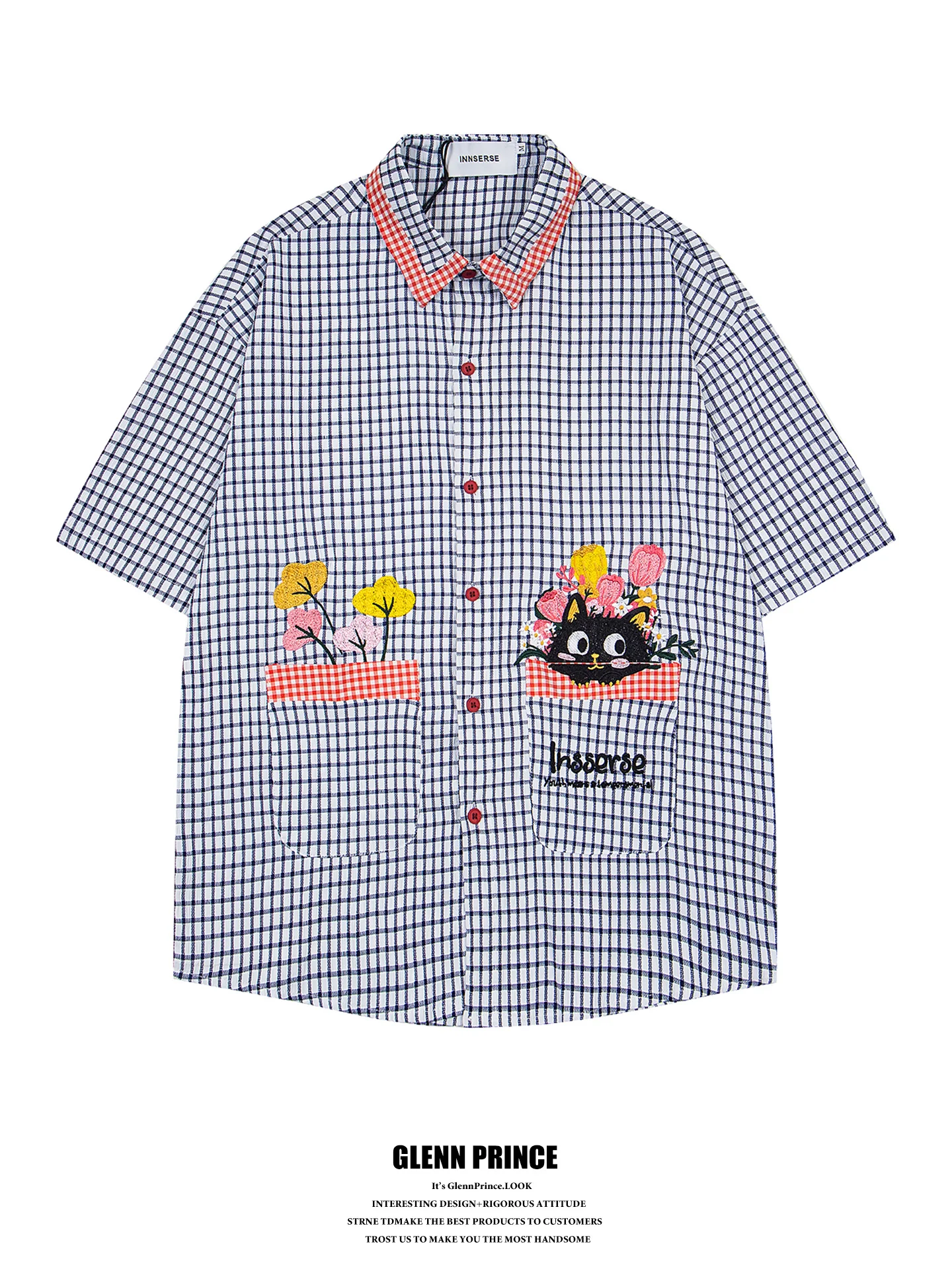 

GPstudio Japanese Retro Flower Embroidery Plaid Men's Summer Lazy Style Cute Short Sleeve Shirt Cotton Breathable Loose Fit