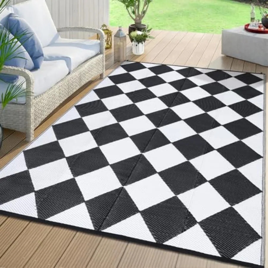 

Large Outdoor Rug 9x18 for Patio, Waterproof Plastic Straw, Black Checkered, Lightweight Reversible Foldable Mat for Camping Ba