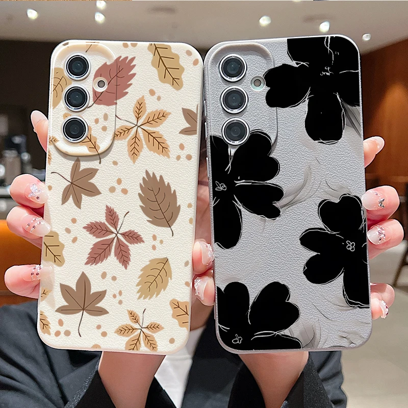 Black Flower Printed Silicone Phone Case For Samsung Galaxy A57 A56 A55 A37 A17 A36 A16 A15 5G A26 A25 A54 Leather Texture Cover