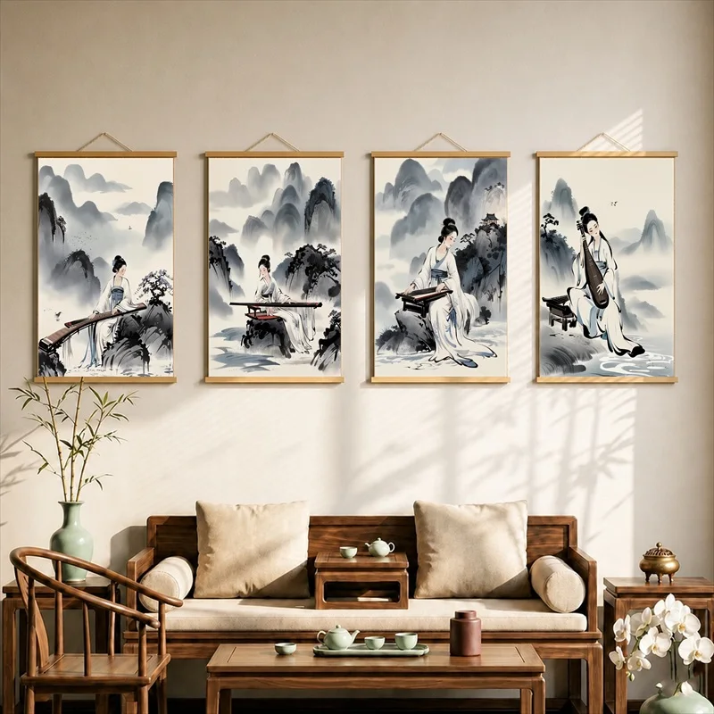 Wall Decorations Musicians and Travelers in Misty Mountains, Pearlescent Canvas Hanging Scroll for Tea Ceremony Classroom Decor