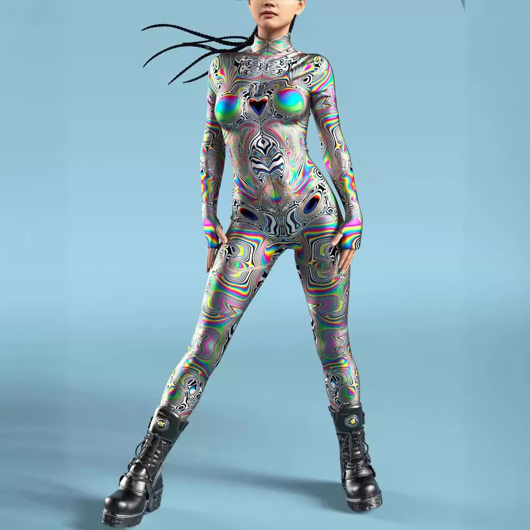 NEW Women Bodysuit Cosplay Fashion 3D Printing Zentai Skinny Long Sleeve Slim Jumpsuit Outfit Halloween Catsuit for Adult Men