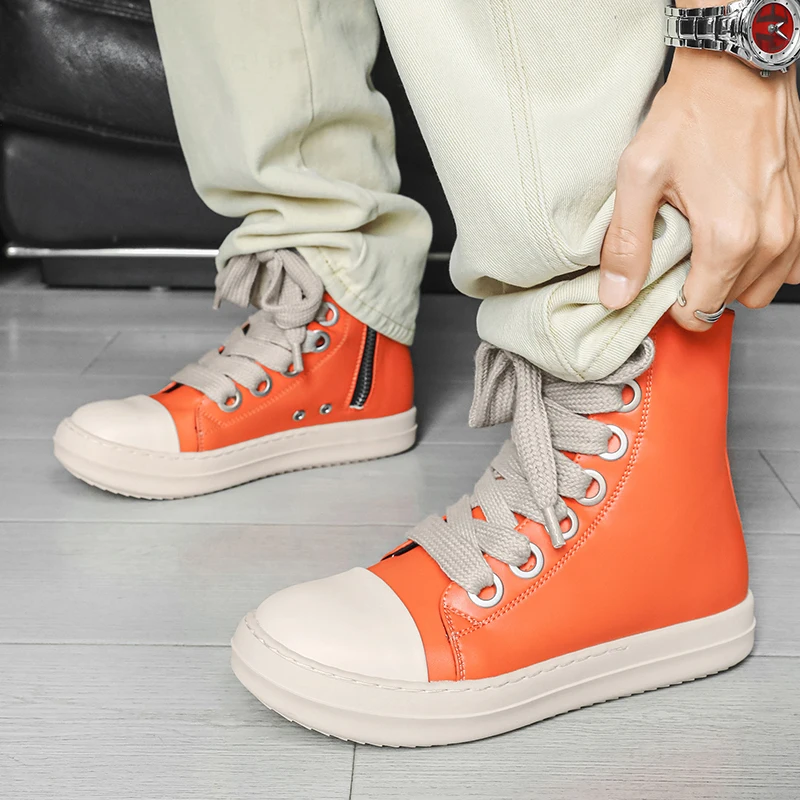 Original Pink Men High-top Sneakers Zip Designer Skateboard Shoes Men Women Fashion Autumn Ankle Boots Leather Casual Sneaker view 6
