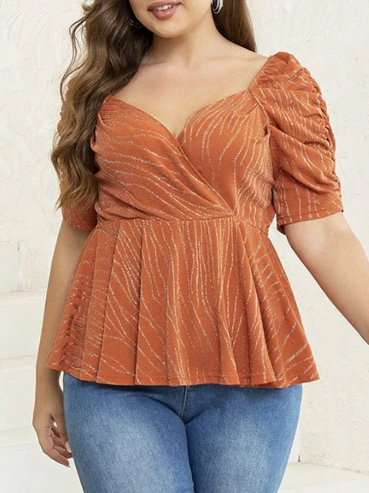 T-Shirts Orange Grande Taille pour Femme, Col en V Froncé, Manches Courtes, Taille Haute, Book plum, Dos aux, Décontracté, Club, Événement, Y-Blouse