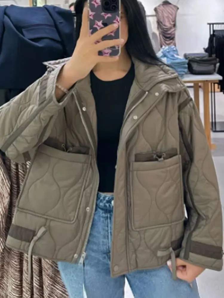 HH 2024 Zimowy Damski Płaszcz Casualowy z Bawełny, Długie Rękawy, Kieszenie ze Sznurkiem, Wysoki Kołnierz, Odzież Wierzchnia, Modne Płaszcze Damskie