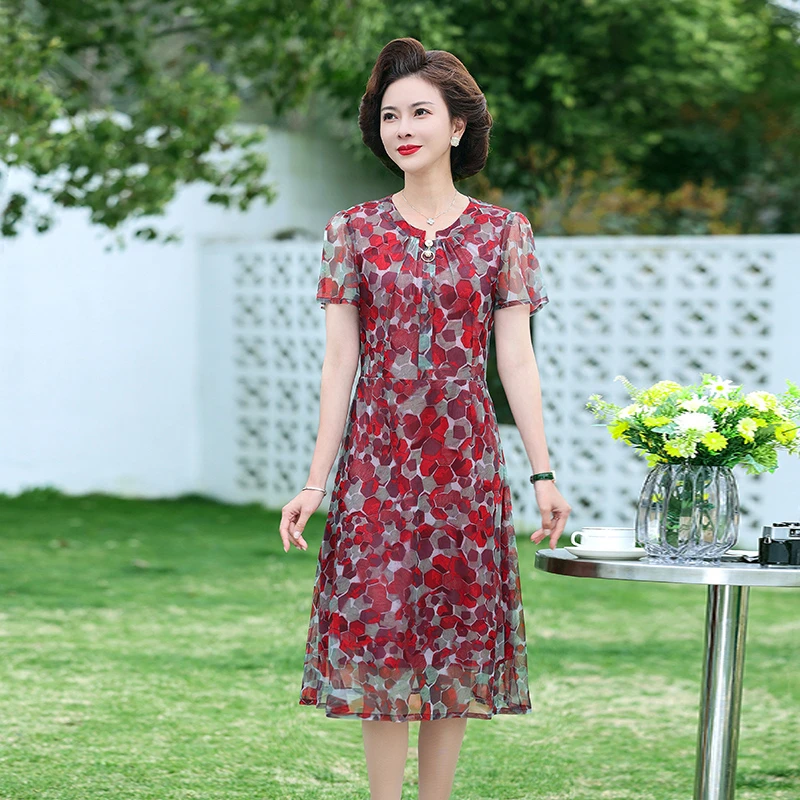 

Women Summer Dress Middle-aged Mother Casual O-Neck flower mesh Dress Short Sleeve Long Color Matching Mid-Calf Dresses