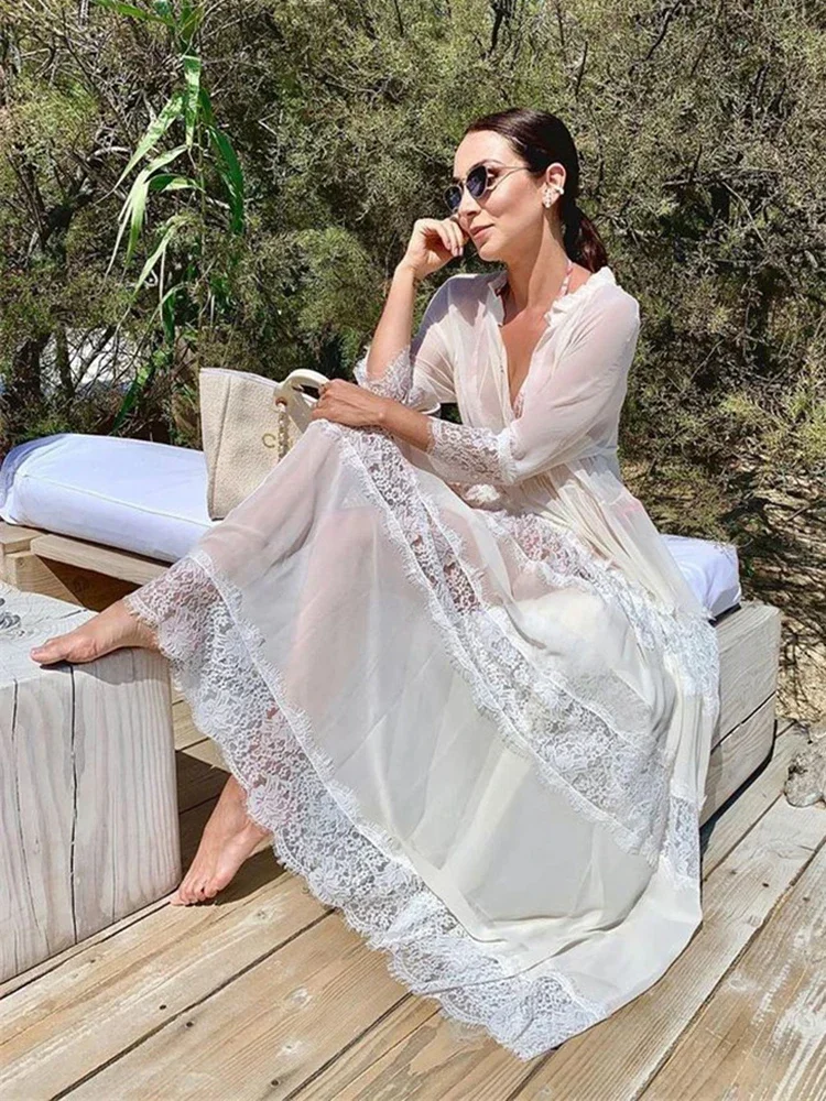 Elegant White Bikini Cover Up Chiffon Lace Beach Tunic Beachwear Swimsuit Cover Up 2024 Pareos Women Swimwear Cover-up