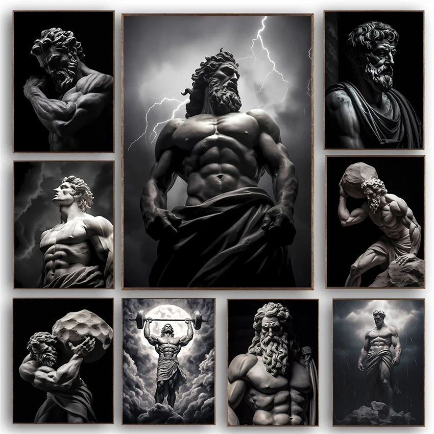 Modern Black and White Classical Greek Mythology Sisyphus Sculpture Artwork Poster Canvas Paintings Wall Art Pictures Home Decor