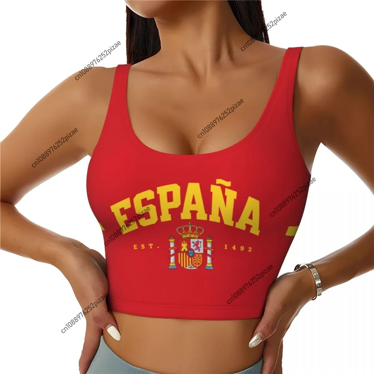 

2026 Spain Flag Women Sports Bra Crop Top Sports Vest Tank Top for Girl Lady Yoga Gym Running Fitness