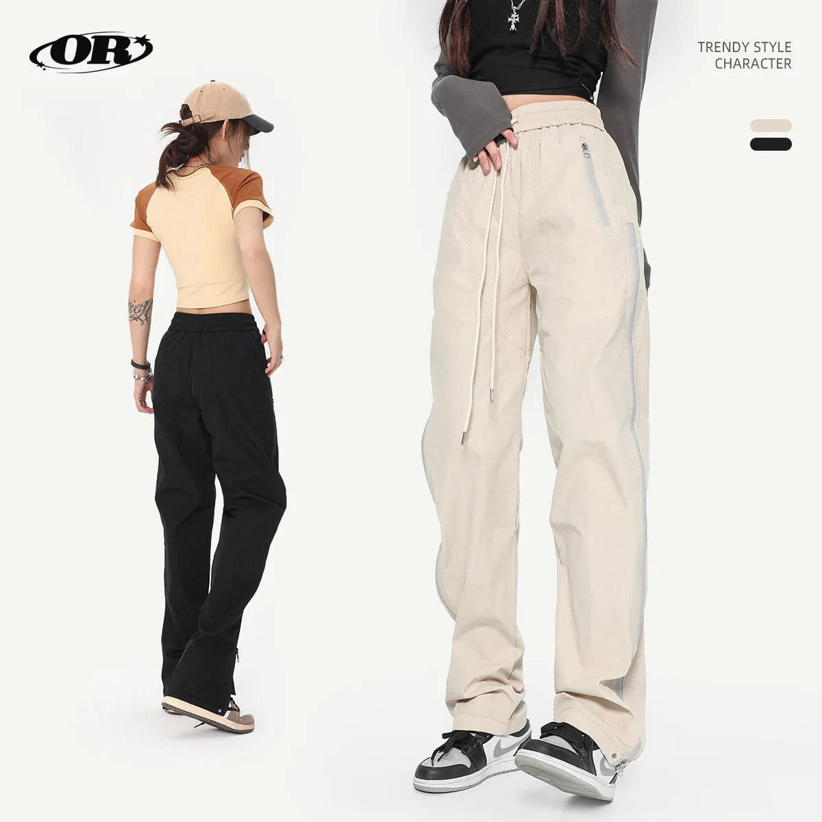 กางเกงลำลองทรงตรงสไตล์อเมริกัน ยี่ห้อแฟชั่น รุ่น Y2K สำหรับผู้หญิง มีซิปที่ปลายขา ดีไซน์บางเบา มีเชือกผูก รุ่นทันสมัย