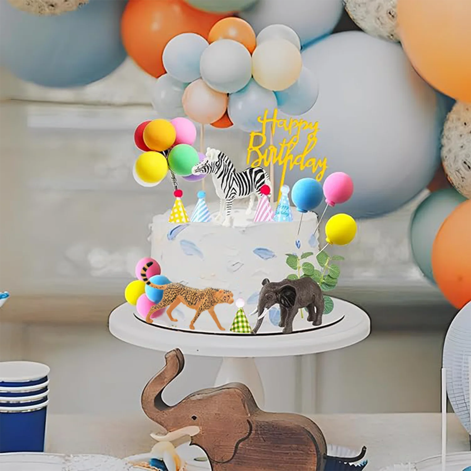 Safari Animal Cake Toppers with Mini Birthday Party Hat Color Balls Cake Decorations for Jungle Wild Themed Party Supplies