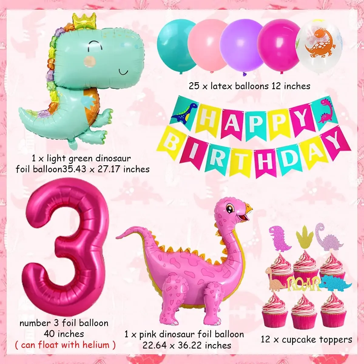 

Dinosaur 3rd Birthday Party Decorations Pink Dinosaur Standing Balloons Number 3 Balloon for Girls 3 Year Old Birthday Supplies