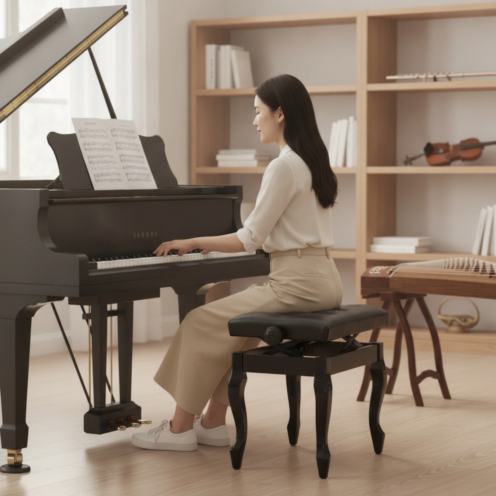 Piano Bench with Adjustable Height Solid Wood Piano Bench Keyboard Seat Leather Furniture Padded for Pianists, Home view 5