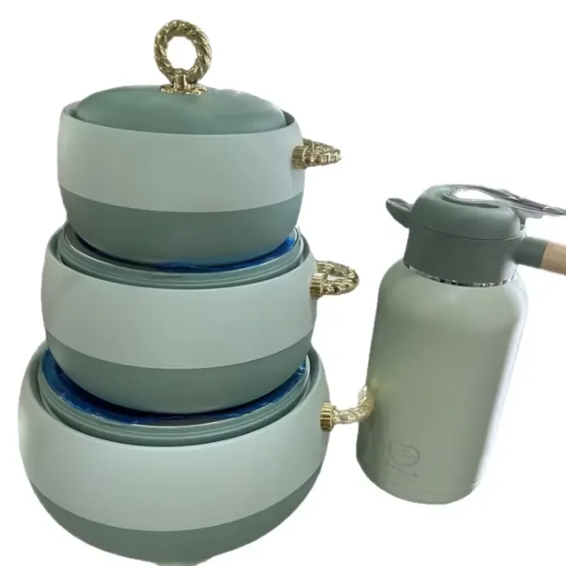 Stainless Steel Thermal Lunch Box Set 3 Piece Gold Handle Insulated Food Container 2.1-3L Capacity Model 2408 Portable Bento