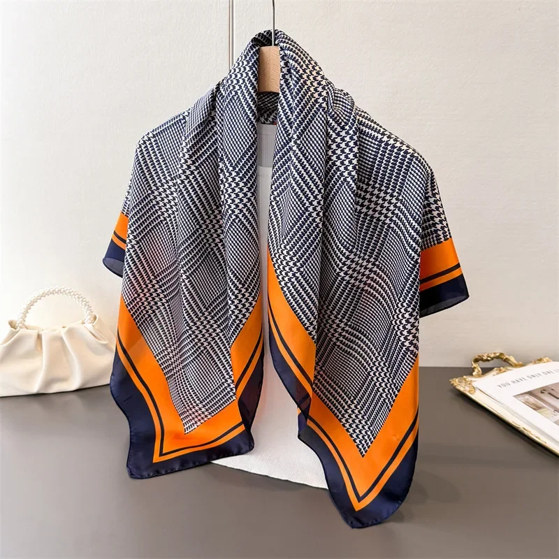 

New Spring Summer Luxury Houndstooth Print Silk Scarves Women 90cm Square Scarf Shawl Wrap Poncho Hijab Kerchief Foulard Bufanda