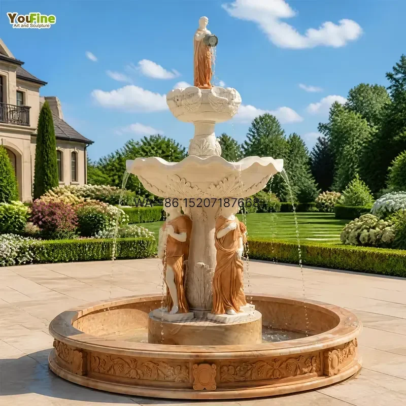 Wmwmnu White and Sunset Red Marble Garden Fountain with Female Statues Grapevine Frieze Relief for Villa Estate Customized