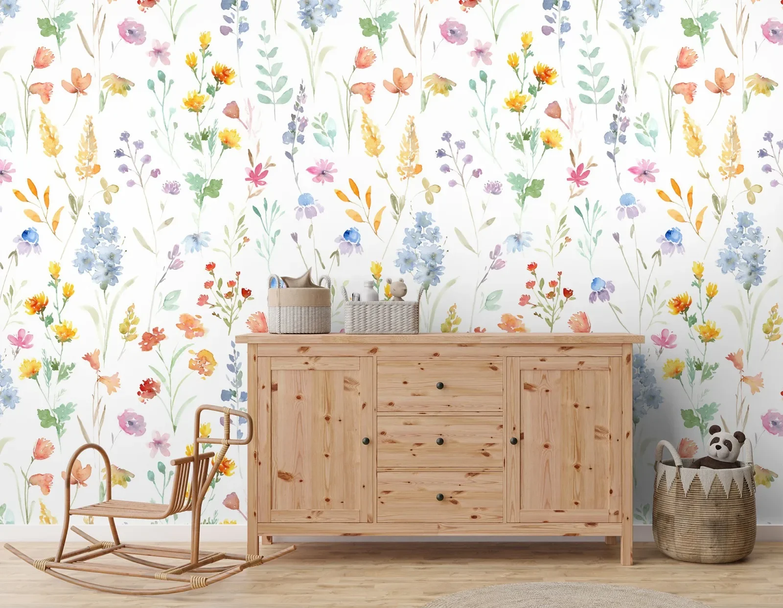 Watercolor Colorful Botanical Wild Flower Wallpaper for Kids, Colorful Wild Flower Wall Mural, Summer Flower Hand Paint Wallpape