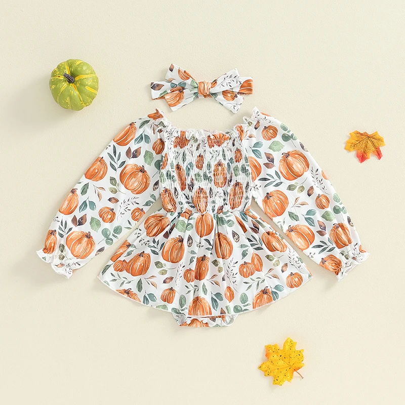 

2024-06-13 Lioraitiin 0-24M Newborn Girl Halloween Outfit, Long Sleeve Off-shoulder Pumpkin Print Romper Dress with Headband