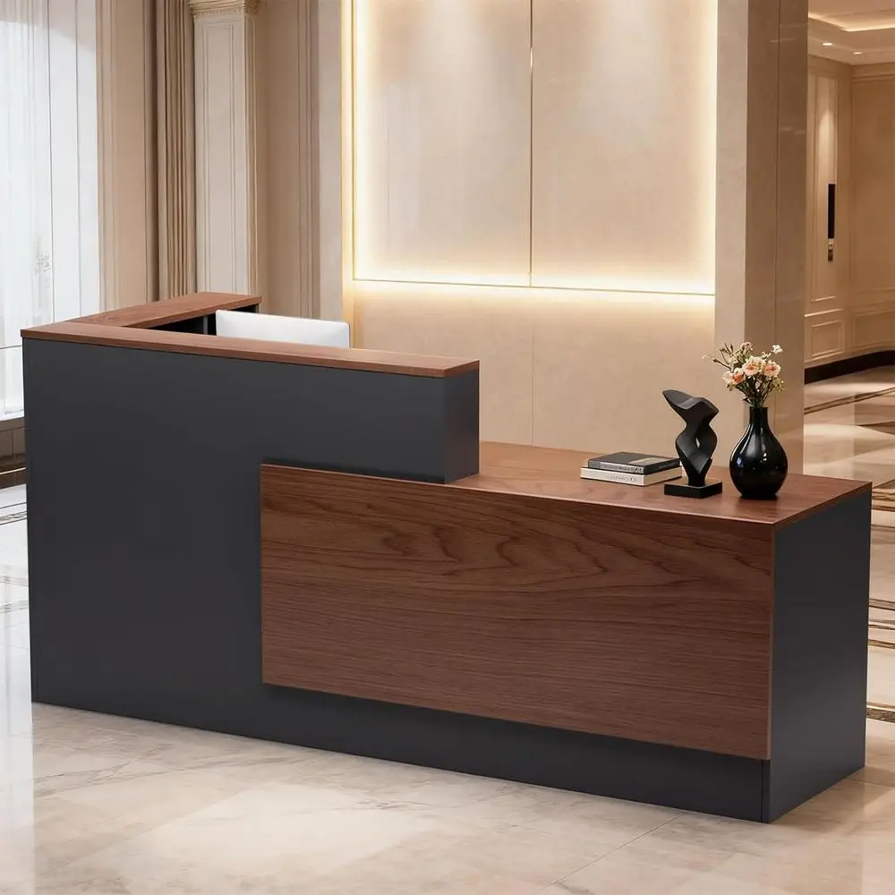 

L-Shaped Large Wooden Reception Desk, Modern Front Desk Reception Counter, (Left-Walnut/Gray, 71''L x 42''W x 41''H)