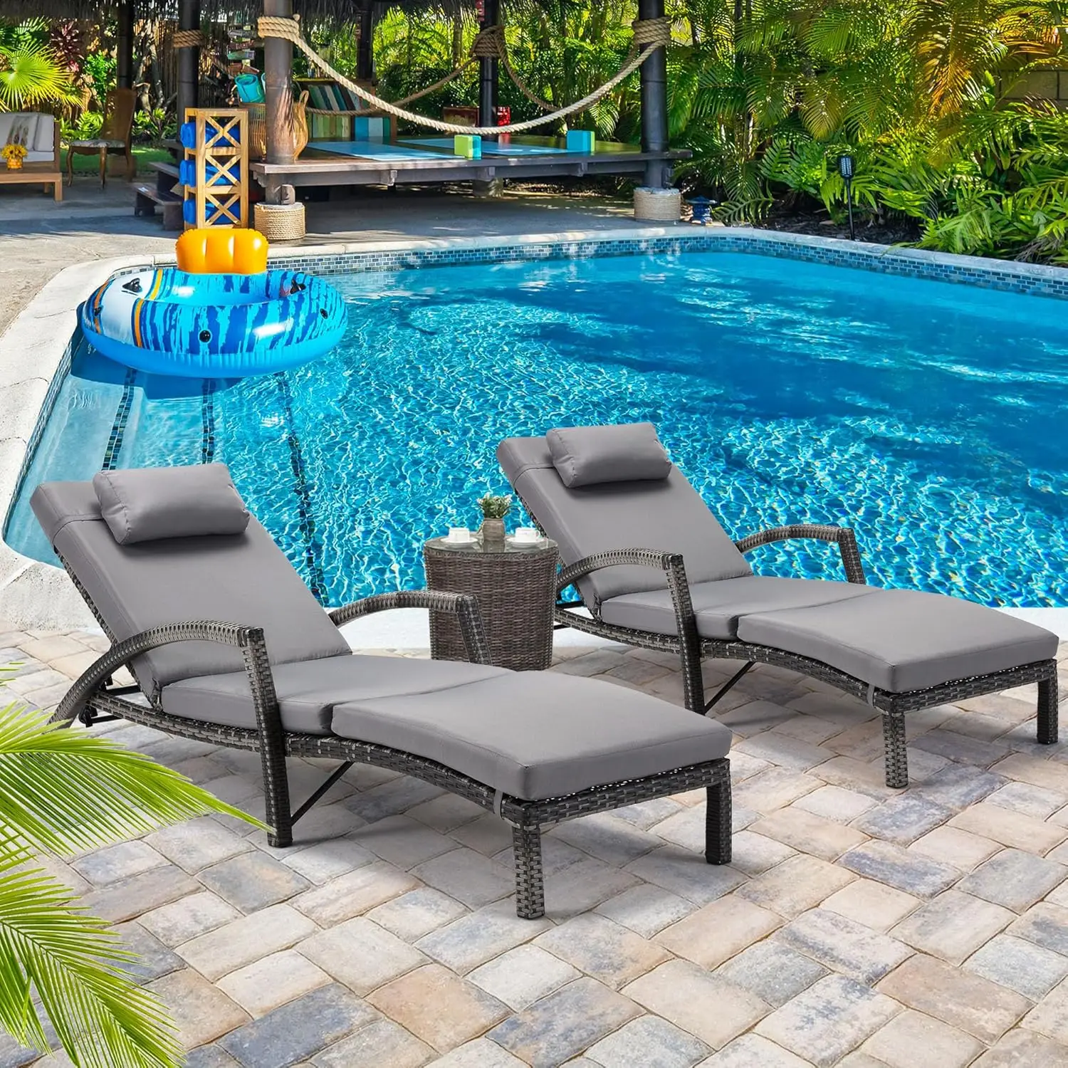 

Chaise Lounge Chairs Set of 2 PE Rattan Wicker Patio Lounge Chair with Adjustable 5 Position Arm and Wheels for Poolside Grey