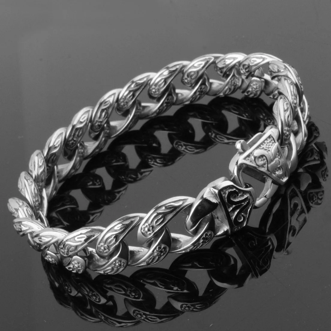 Fashion Mens Boy\'s Bangles 15mm Solid Silver color 316L Stainless Steel Cast Flower Design Cuban Link Chain Bracelets 9\