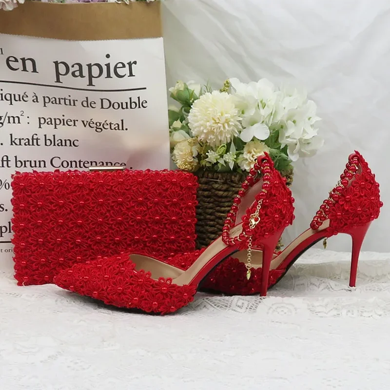 Girl’s Red Pearl Flower Wedding Shoes With Matching Bags High Heels Pointed Toe Ankle Strap Ladies Party shoe and bag set