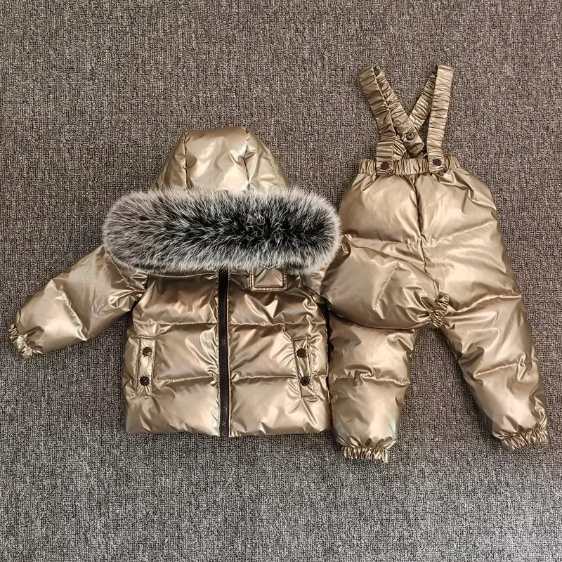 New Winter Thicker Children Down Jacket Overall Suit Big Real Fur Collar Kids Ski Suit Boys Girls Warm Jacket Silver