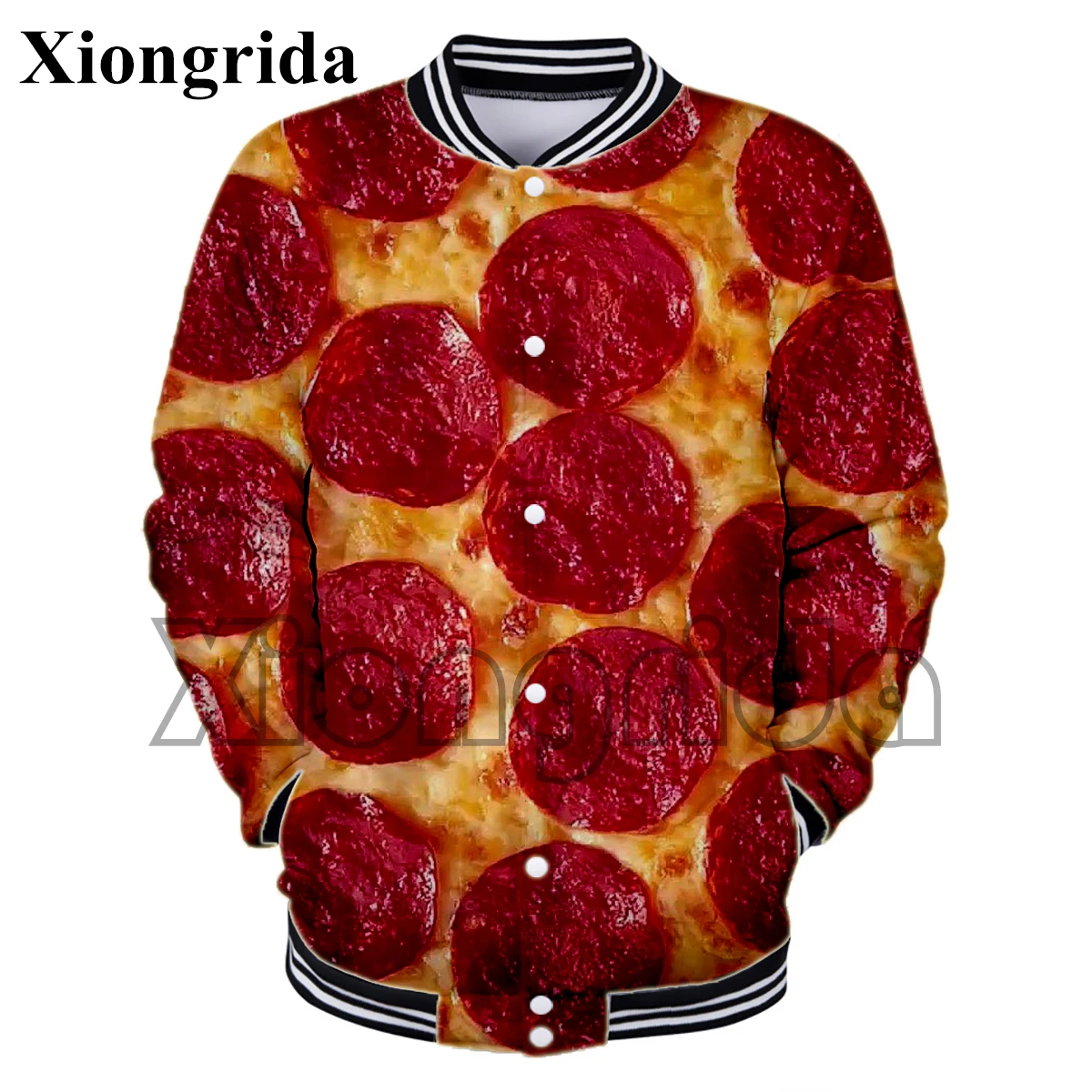 

Pizza Print Baseball Uniform Men Novelty 3D Food Print Jacket Loose Casual Male Coat Sports Hip Hop Tops Streetwear