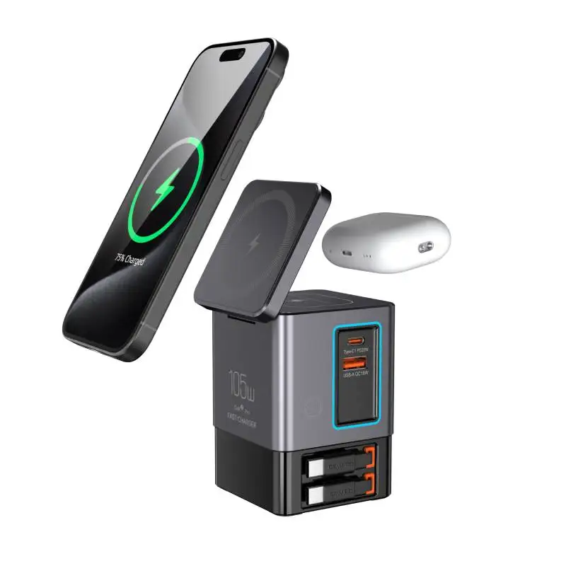105W 6-in-1 Charging Station with Retractable USB-C Cable Power Combo Tower Multiple Devices Wireless Charging for iPhone Airpod
